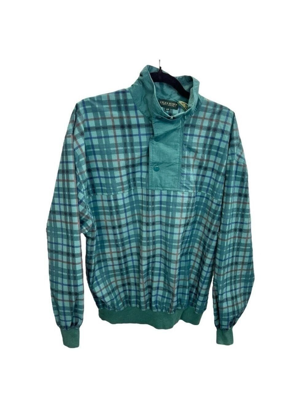 Vintage Lyle & Scott teal green plaid 1/4 zip pull over jacket L